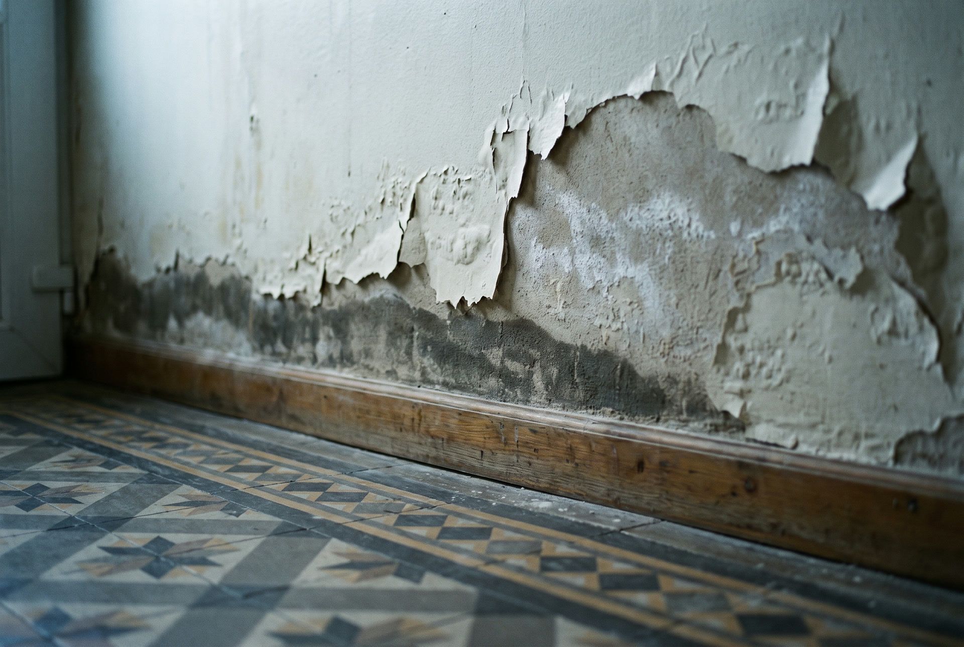 Lower wall with a damp tide mark and blistering paint, illustration
