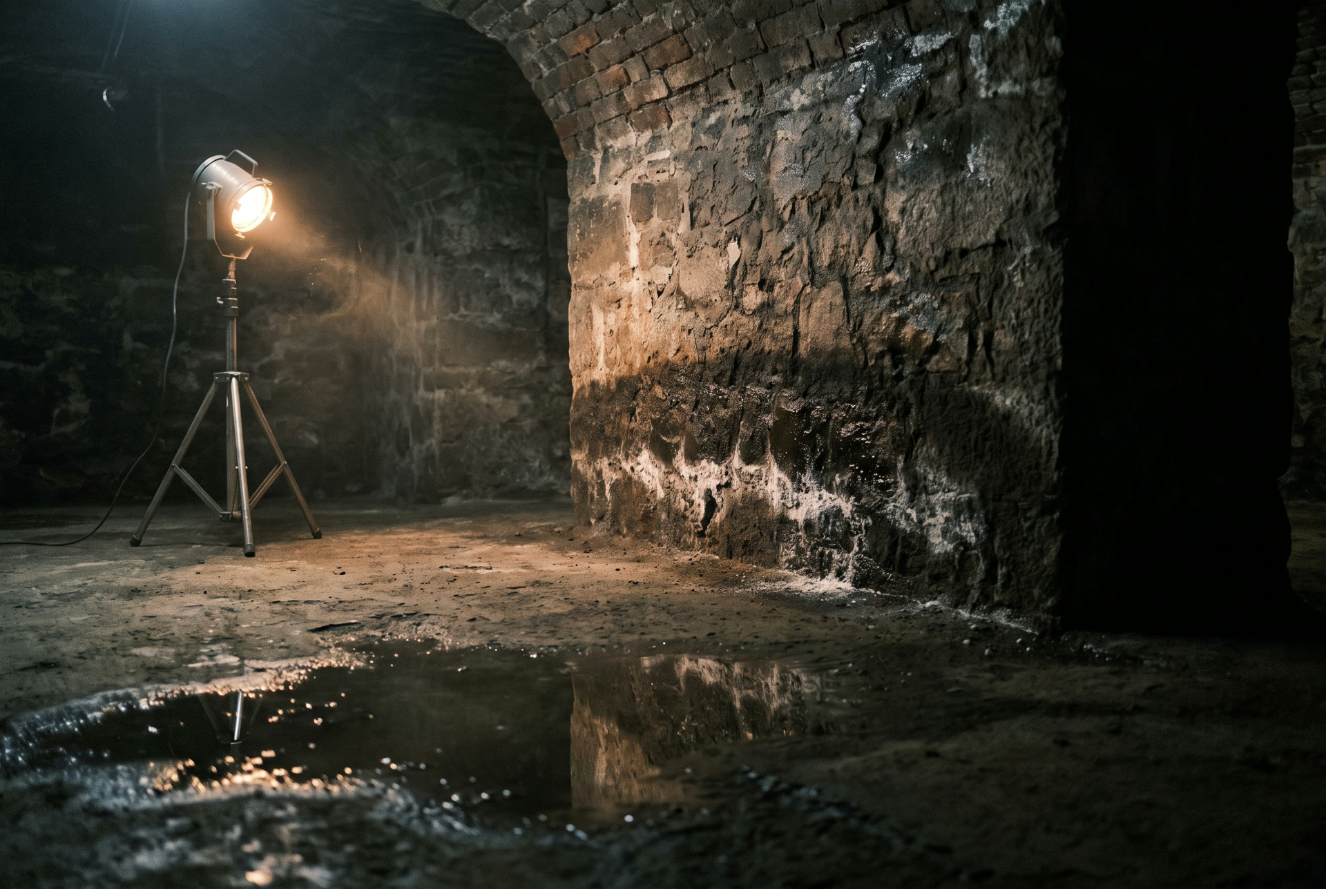 Damp brick cellar with a puddle, illustration
