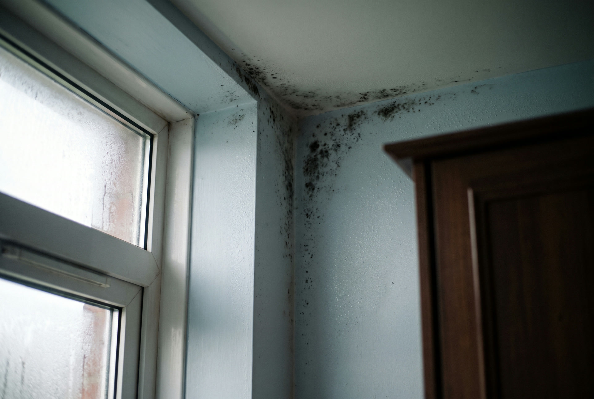 Black mould in the corner of a bedroom, illustration