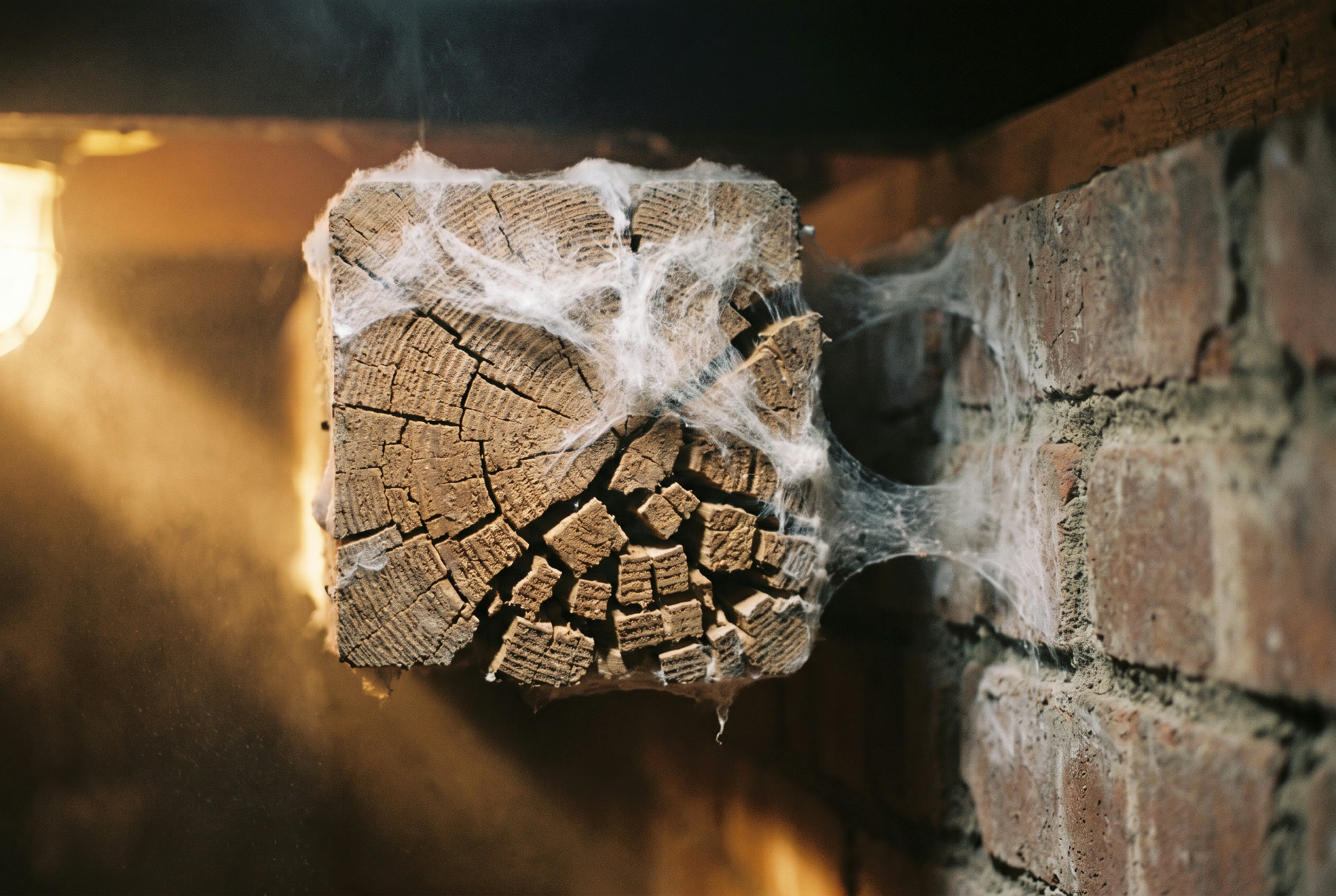 Floor timber attacked by fungus in a cellar, illustration